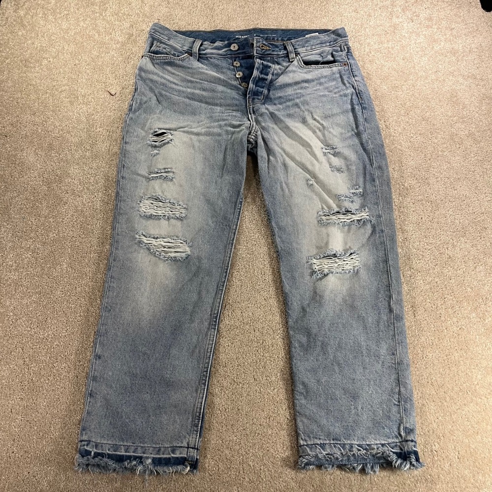 Old Navy Slouchy Straight Jeans Womens 8 Blue Distressed Frayed Hem